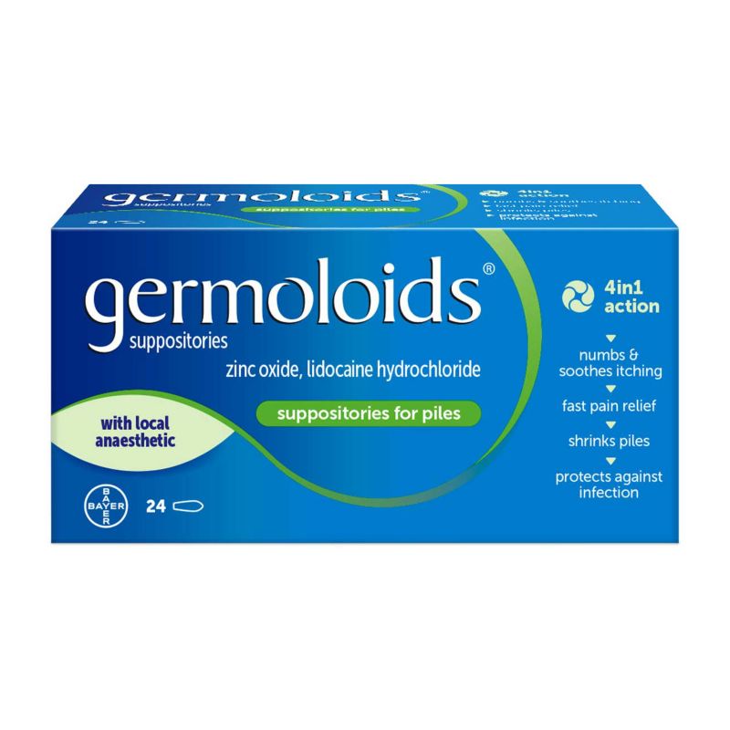 Germoloids Suppositories Zinc Oxide & Lidocaine for Piles - 24 Suppositories — product packaging