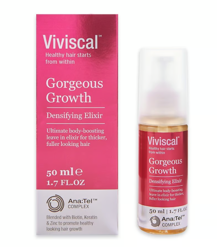 Viviscal's firming essence contains keratin, zinc, and biologicalin to make the hair look stronger and abundant Gorgeous Growth Densifying Elixir 50ml