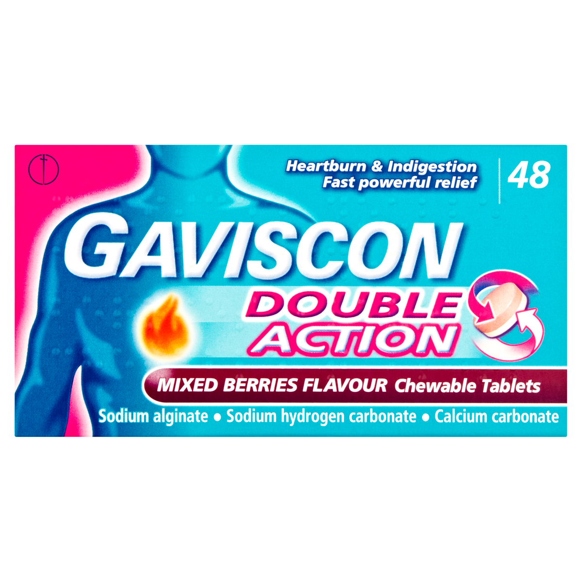 Gaviscon Double Action Heartburn & Indigestion Mixed Berries Chewable Tablets - 48 Tablets — product packaging