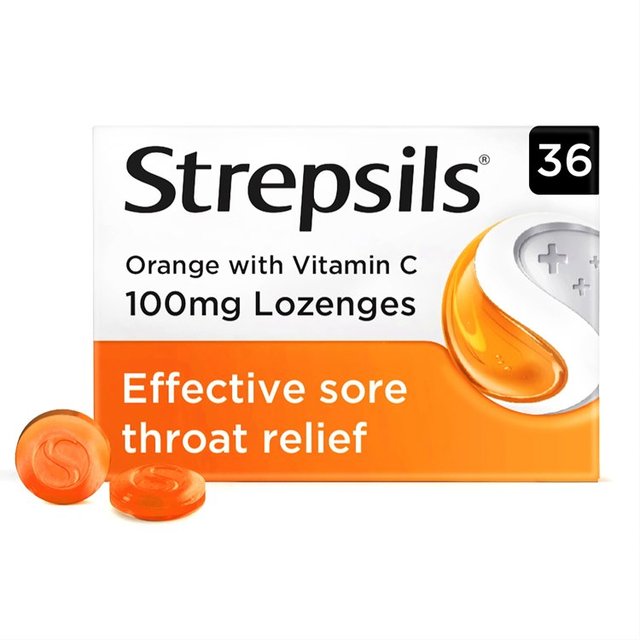 Strepsils 使立消橙子口味+ 维C 润喉糖 100mg(有效缓解喉咙痛嗓子痛咽喉痛)36粒/盒 Orange with Vitamin C (100mg) Lozenges