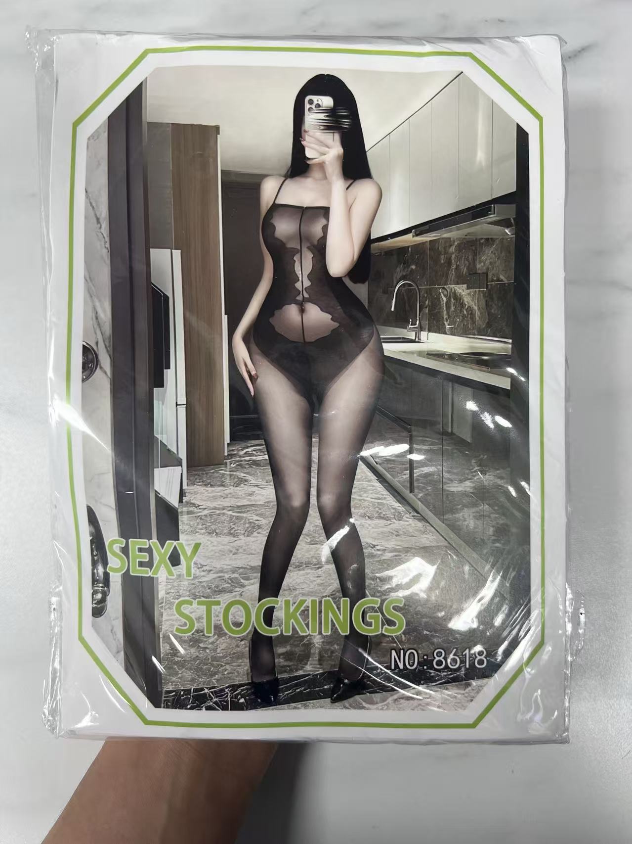 Women’s Black Sheer Panel Bodystocking – Scalloped Cut-Out Lingerie No. 8618