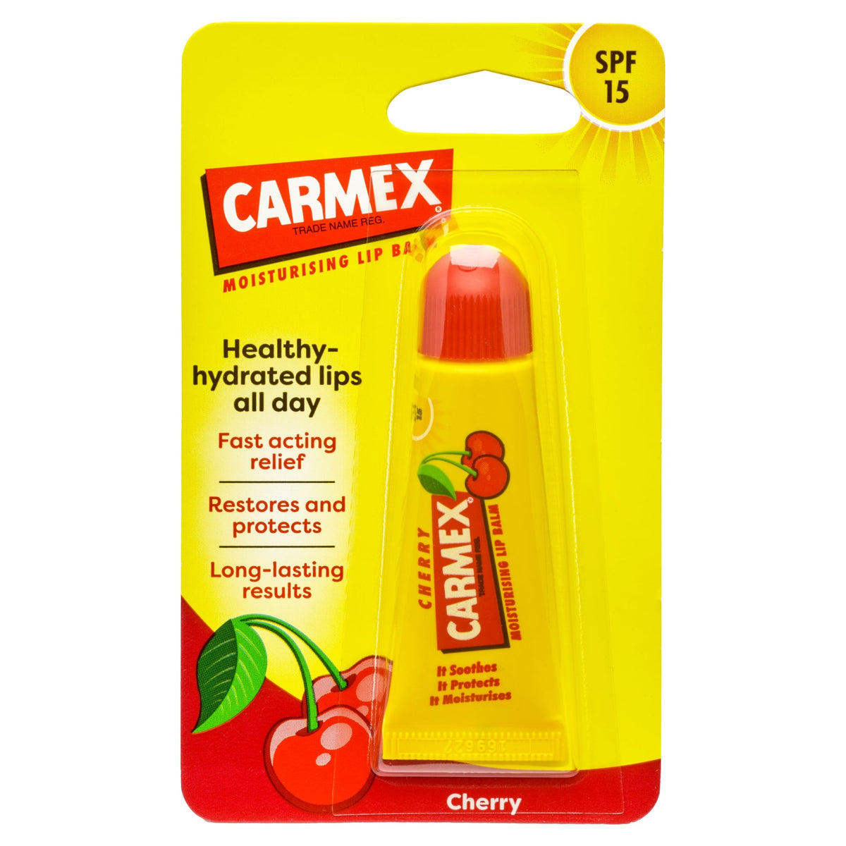 Carmex Cherry Moisturising Lip Balm SPF 15 Tube - 10g — product packaging