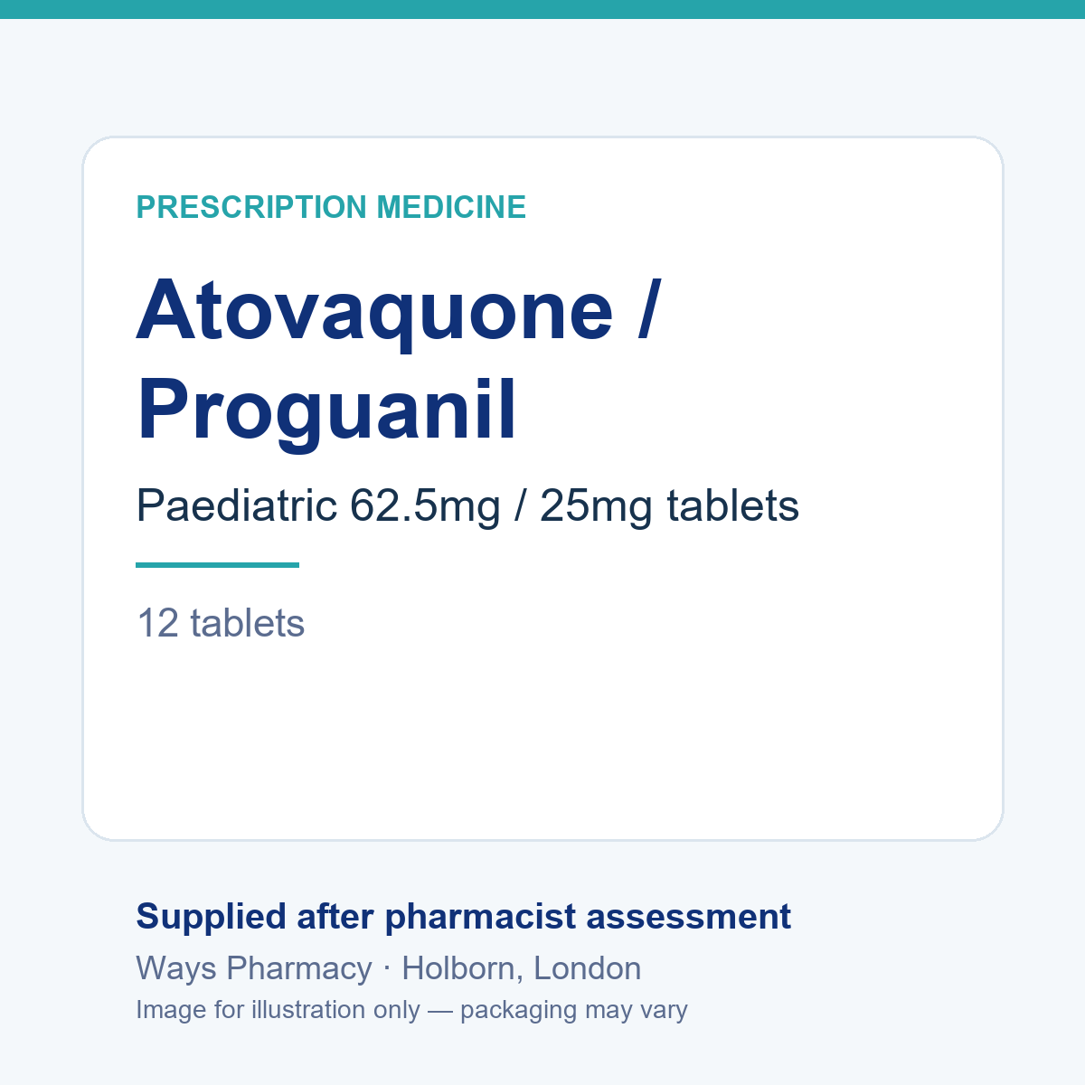 Atovaquone/proguanil paediatric 62.5mg/25mg malaria prevention tablets, 12 tablets – brand and packaging may vary