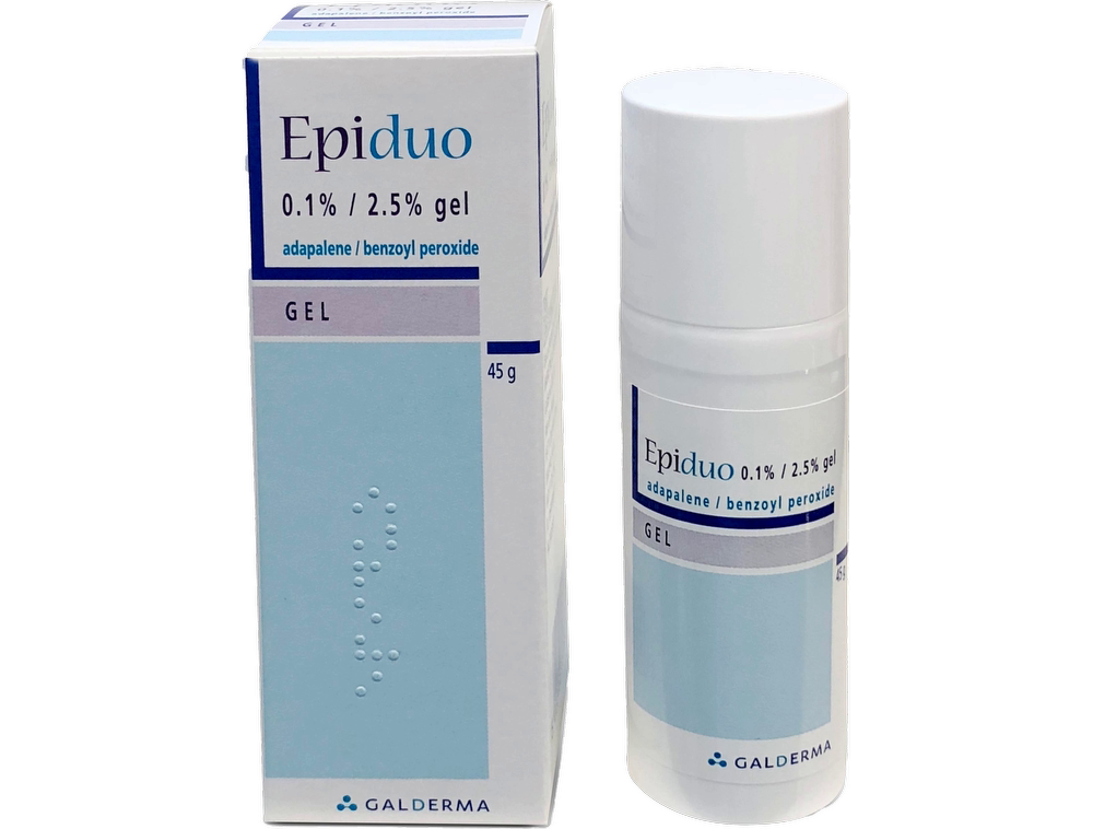 包装图:Epiduo 凝胶(Adapalene 阿达帕林 0.1% / Benzoyl Peroxide 过氧化苯甲酰 2.5%)– 45g — 仅供参考,包装可能不同