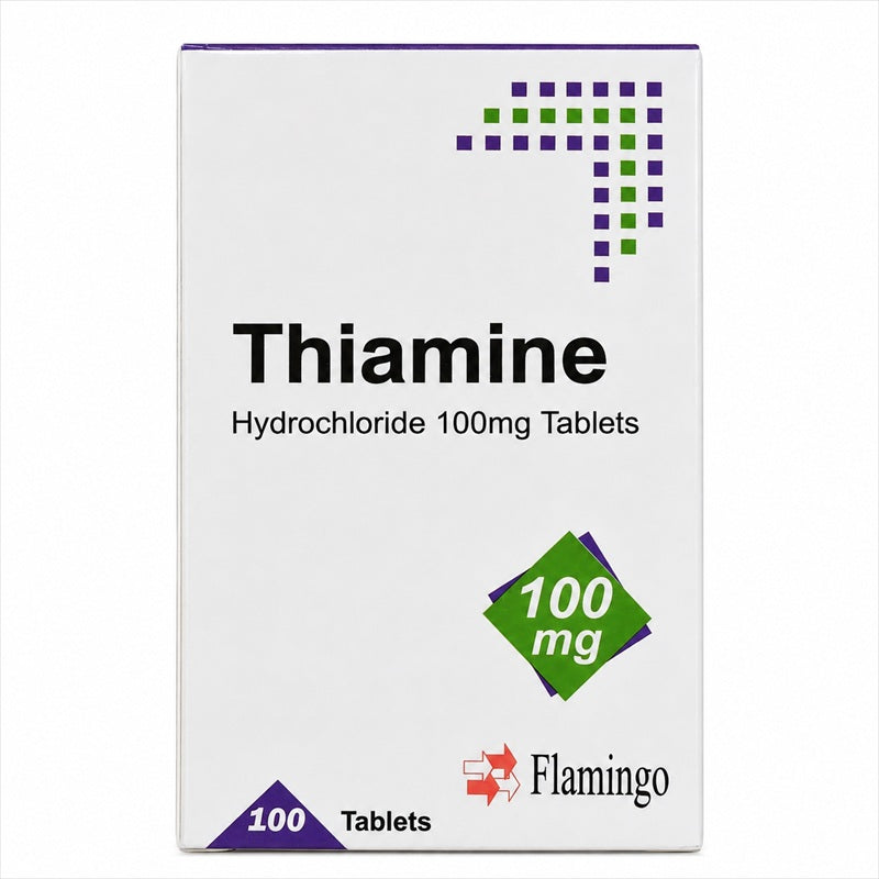 Flamingo 盐酸硫胺素100毫克片剂,图片为100片装包装盒;实际供应品牌可能不同