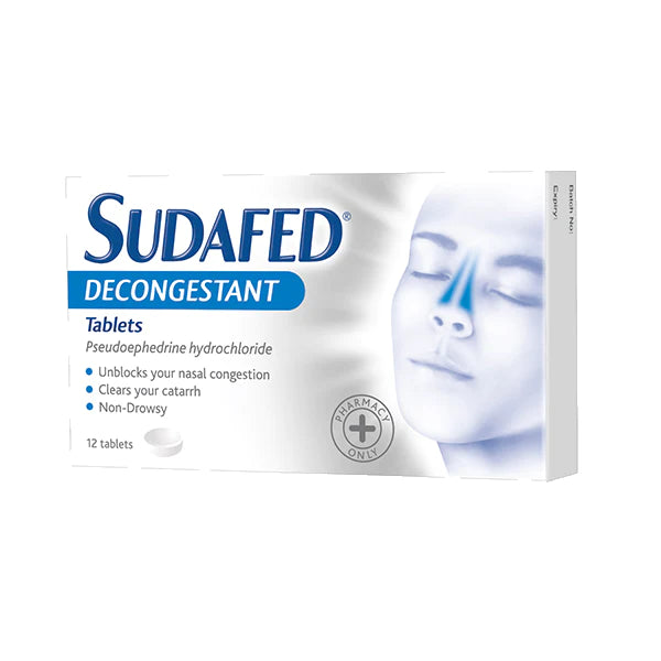 Sudafed Pseudoephedrine Hydrochloride 60mg Decongestant Tablets - 12 Tablets — product packaging