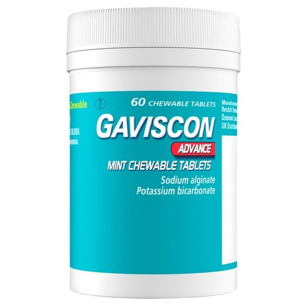 Gaviscon Advance嘉胃斯康加强版薄荷味（胃痛，胃疼，胃酸过多 胃灼热和消化不良 居家必备，缓解胃食管反流症状) - 60 片咀嚼片