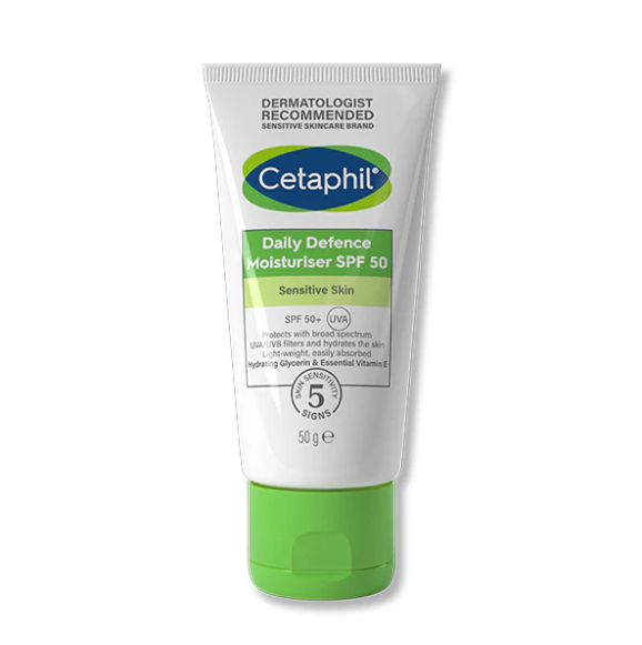 Cetaphil 每日防护霜 SPF50，含 UVA/UVB 过滤剂，适合敏感肌肤，50g