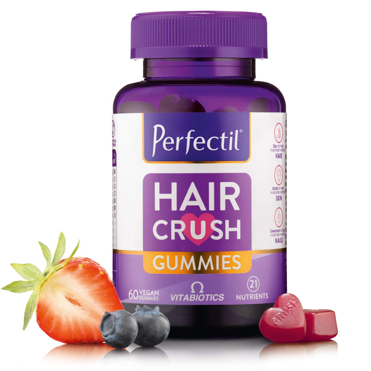 Vitabiotics 纯素天然混合浆果味 （可维持正常的头发，皮肤和指甲） Perfectil Haircrush 60 粒素食软糖