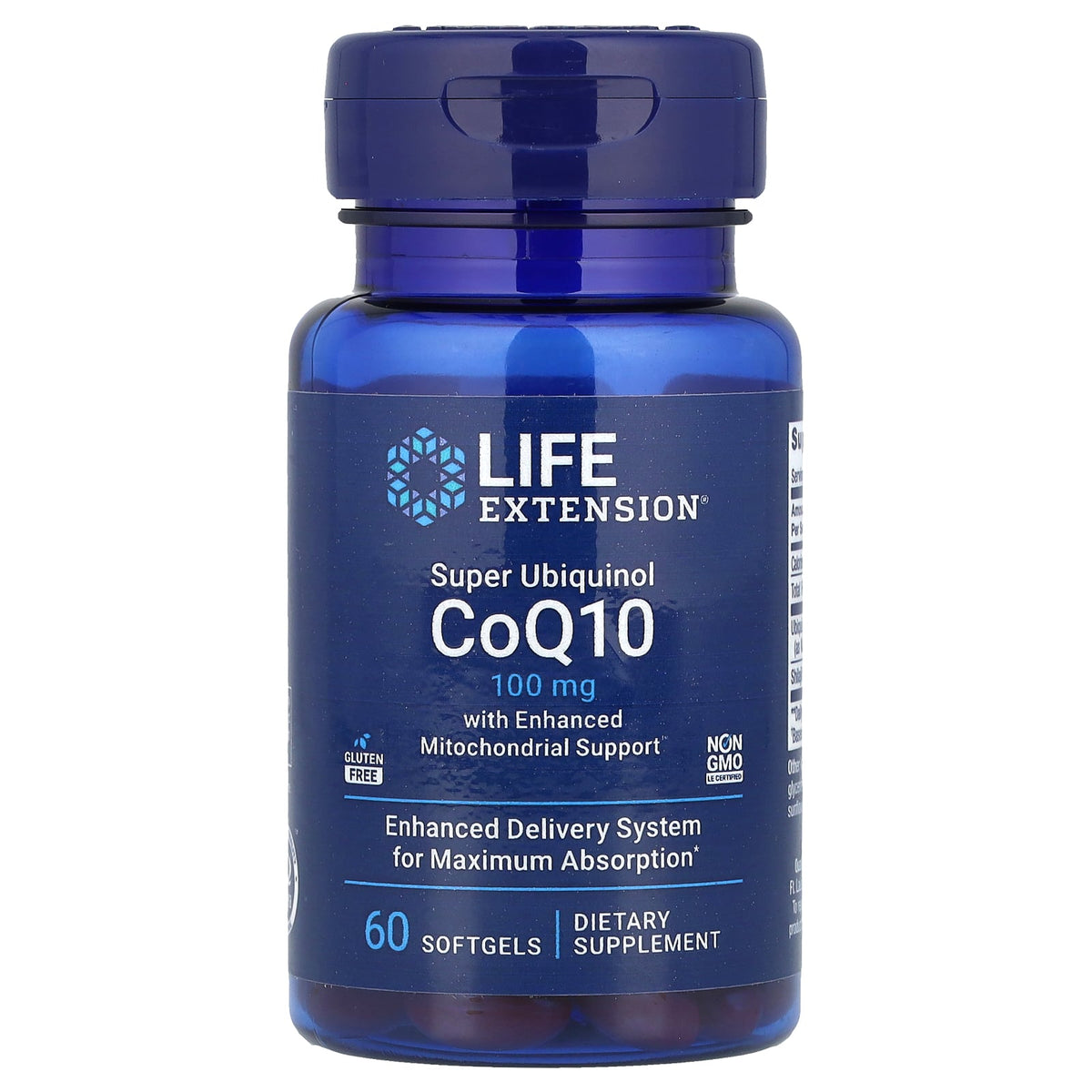 Life Extension Super Ubiquinol CoQ10 100mg with Enhanced Mitochondrial Support - 60 Softgels — product packaging