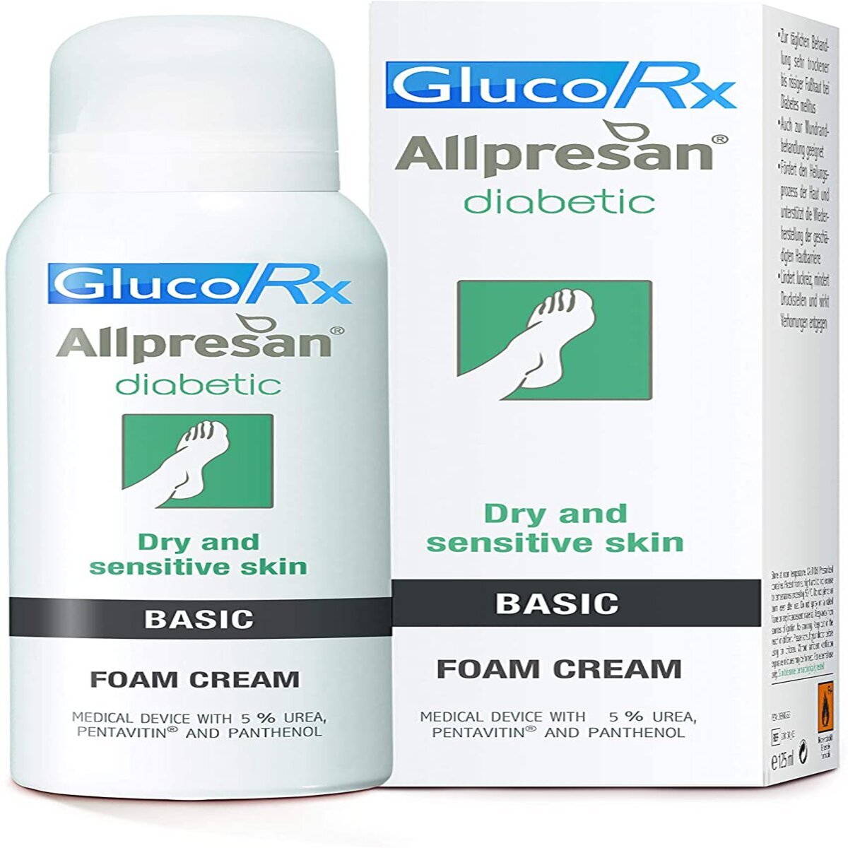 GlucoRx Allpresan Diabetic Foam Cream Basic 5% Urea - 125ml — product packaging