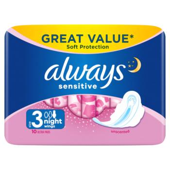 Always Sensitive Night Size 3 Sanitary Towels with Wings - 10 Pads