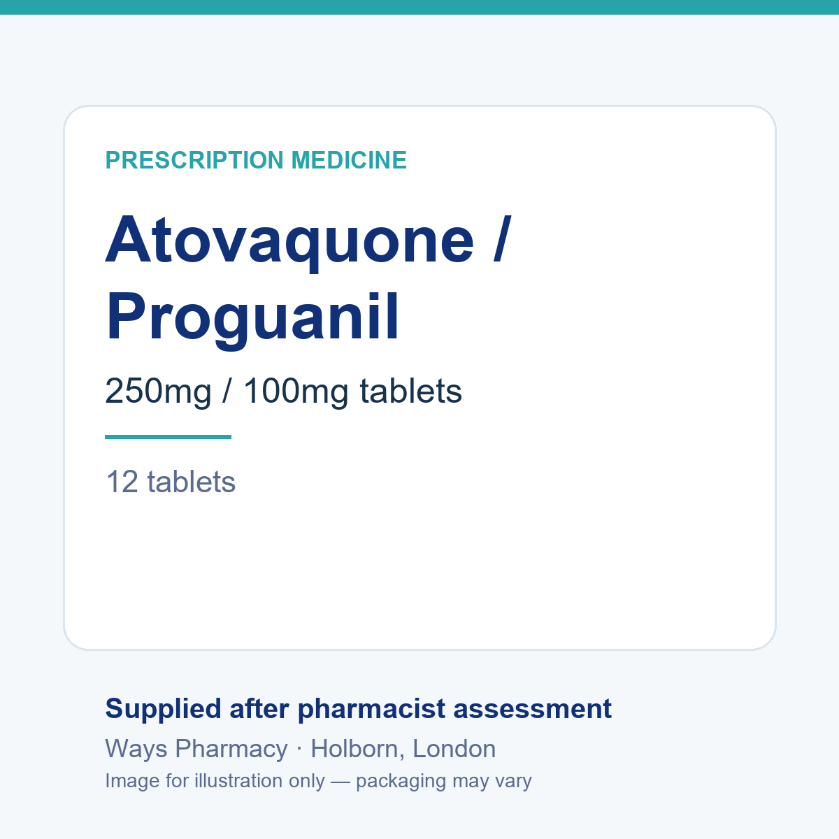 Atovaquone/proguanil（阿托伐醌/氯胍）250mg/100mg 疟疾预防片 12 片——品牌和包装可能不同