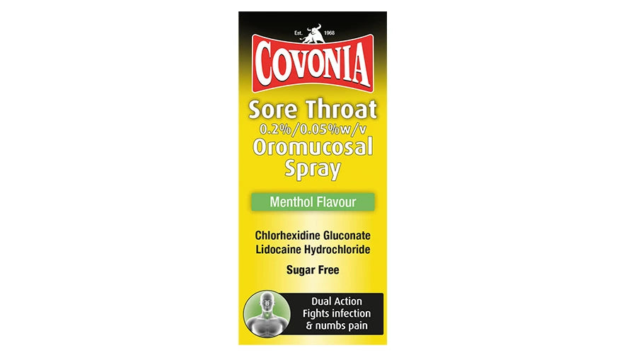 Covonia Sore Throat Chlorhexidine 0.2% / Lidocaine 0.05% Spray - 30ml — product packaging