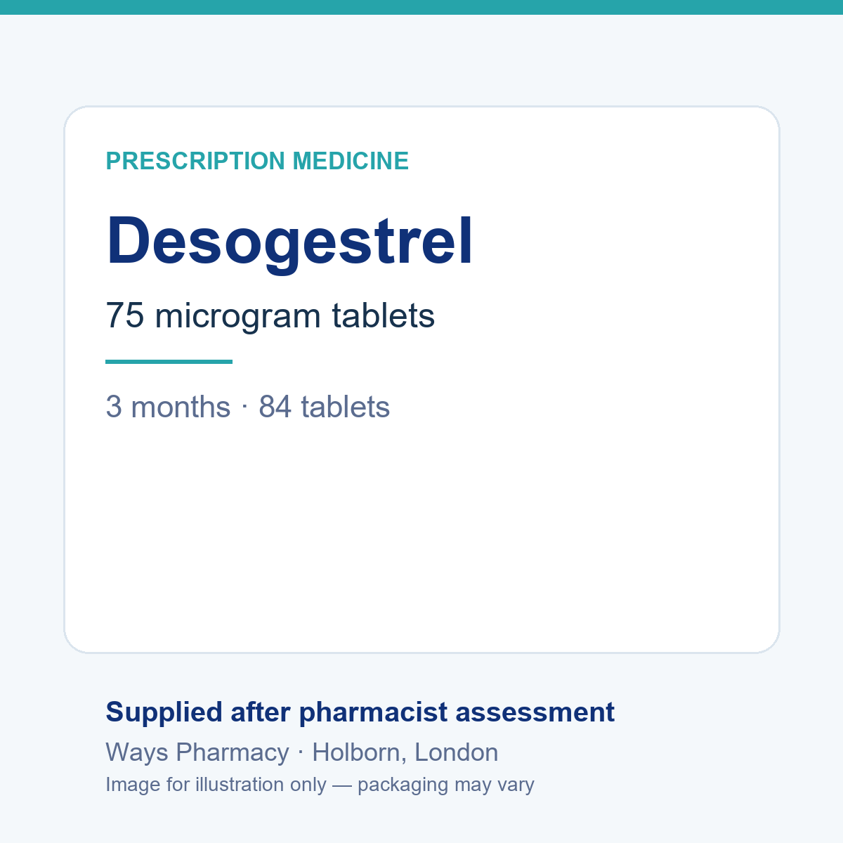Desogestrel 75 microgram tablets, 3-month pack (84 tablets) — brand and packaging may vary