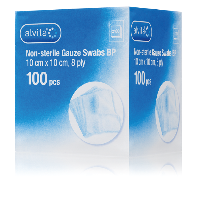 Alvita Non-Sterile Cotton Gauze Swabs 10cm x 10cm 8-Ply - 100 Swabs — product packaging
