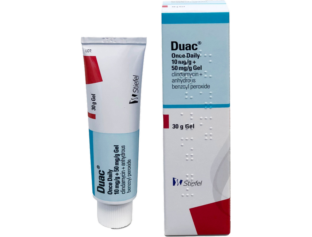 Pack shot: Duac Once Daily Gel (Clindamycin 1% / Benzoyl Peroxide 5%) — for illustration, packaging may vary
