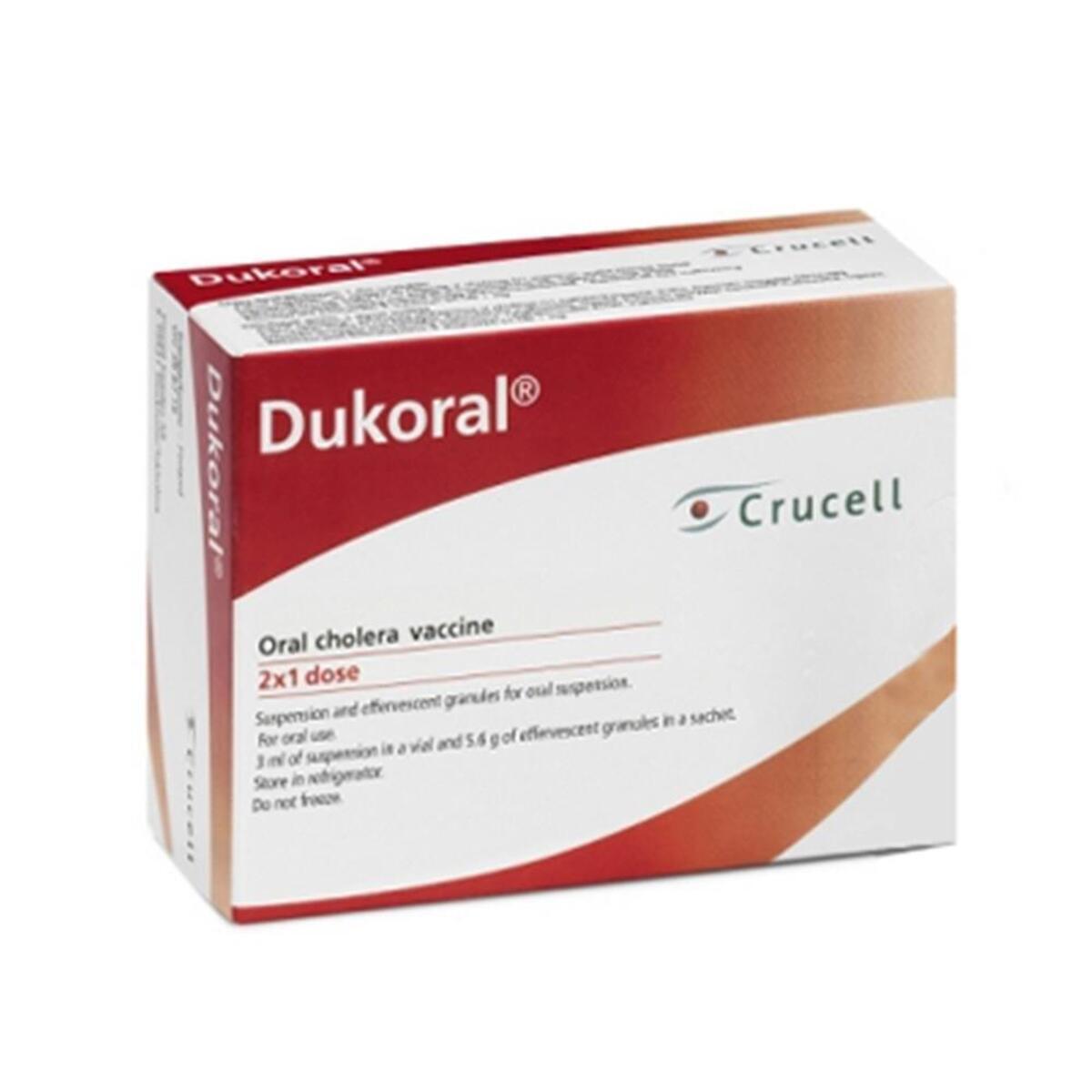 包装图：霍乱口服疫苗（Dukoral）– 2 剂或 3 剂全程 — 仅供参考，包装可能不同