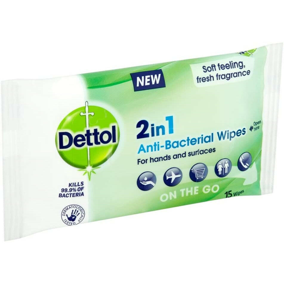 Dettol 2-in-1 Antibacterial Hand & Surface Wipes - 15 Wipes — product packaging