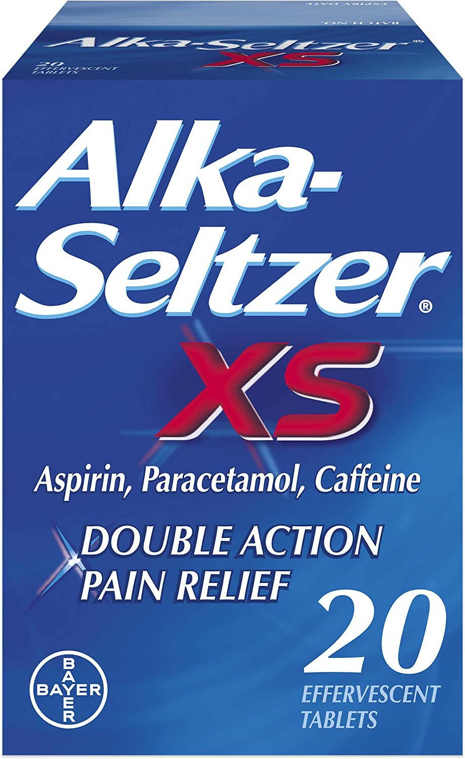 拜耳英版Alka-Seltzer XS加强版双重功效（含阿司匹林/扑热息痛，快速缓解疼痛退烧，偏头痛头痛痛经神经痛牙痛喉咙痛风湿痛）水溶泡腾片20粒